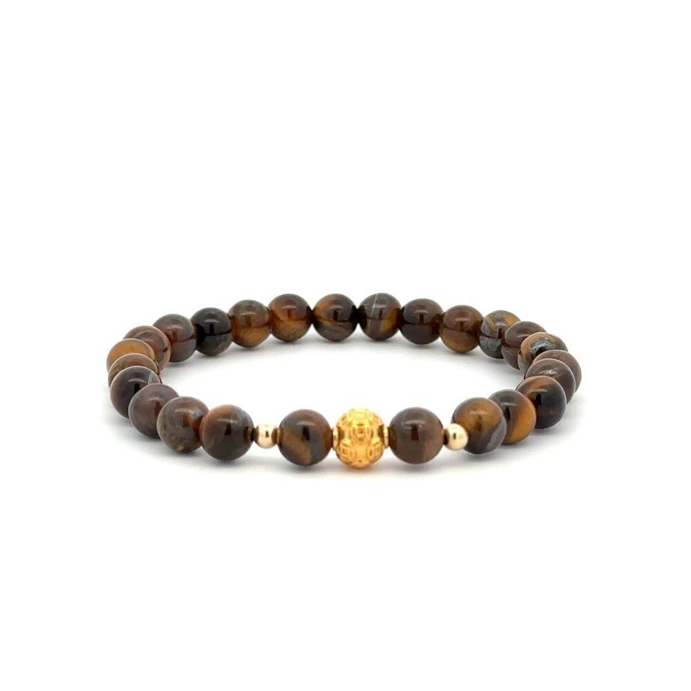 18K Gold Money Ball Lucky Charm Beads Bracelet Gemstones Tiger's Eye 6mm